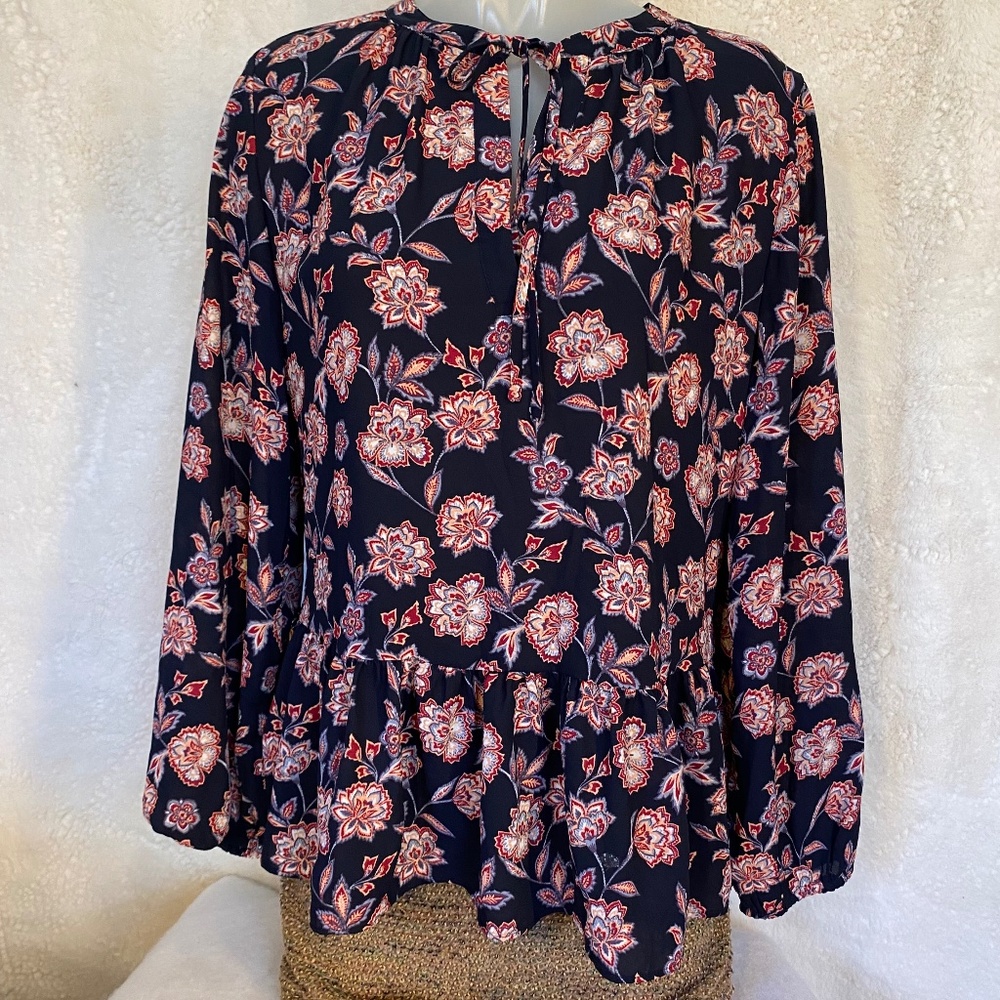 LOFT Long Sleeve Blue Floral Peplum Blouse - size M (NWT)